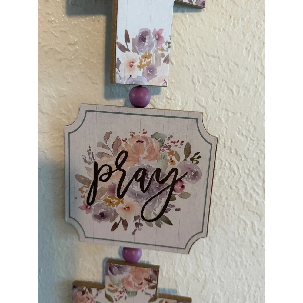 Special Moments Floral Pray Cross Wall Decor Lavender Pink Wood Bead Tassel 23in